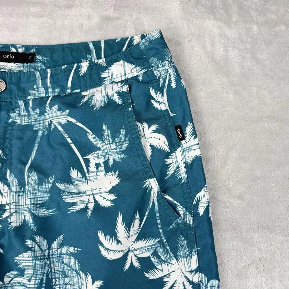 Onia Charles 7"Short Swim Trunks Men 32 Palm Tree Print Teal Mesh Tropical Beach - Picture 9 of 9